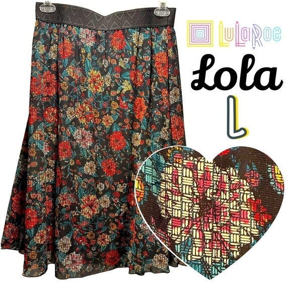LuLaRoe Lola Lined Chiffon Midi Skirt Colorful Floral Elastic Band Large 14-16 - Picture 11 of 16